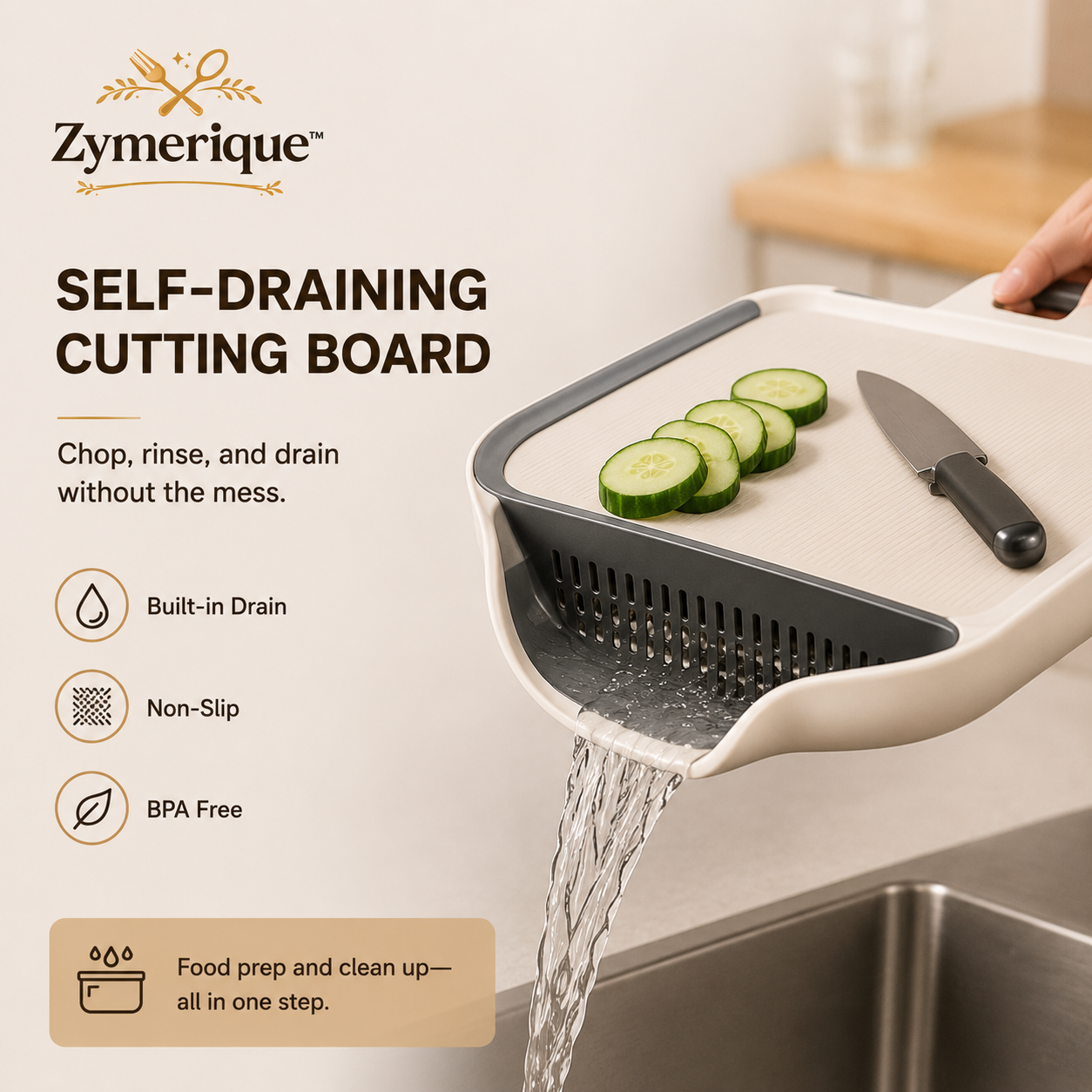 Zymerique™ FlowPrep Self-Draining Cutting Board