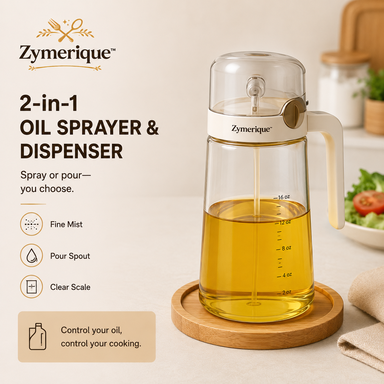 Zymerique™ DualFlow 2-in-1 Oil Sprayer & Precision Pour Bottle