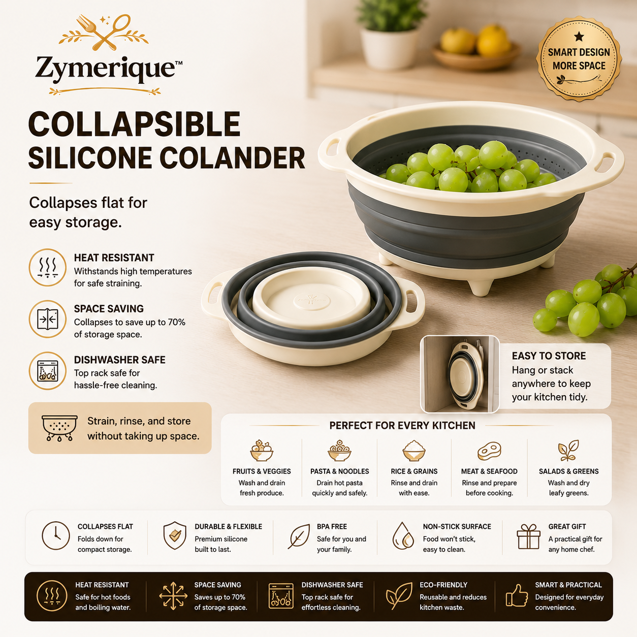 Zymerique™ FlexFold Collapsible Silicone Colander
