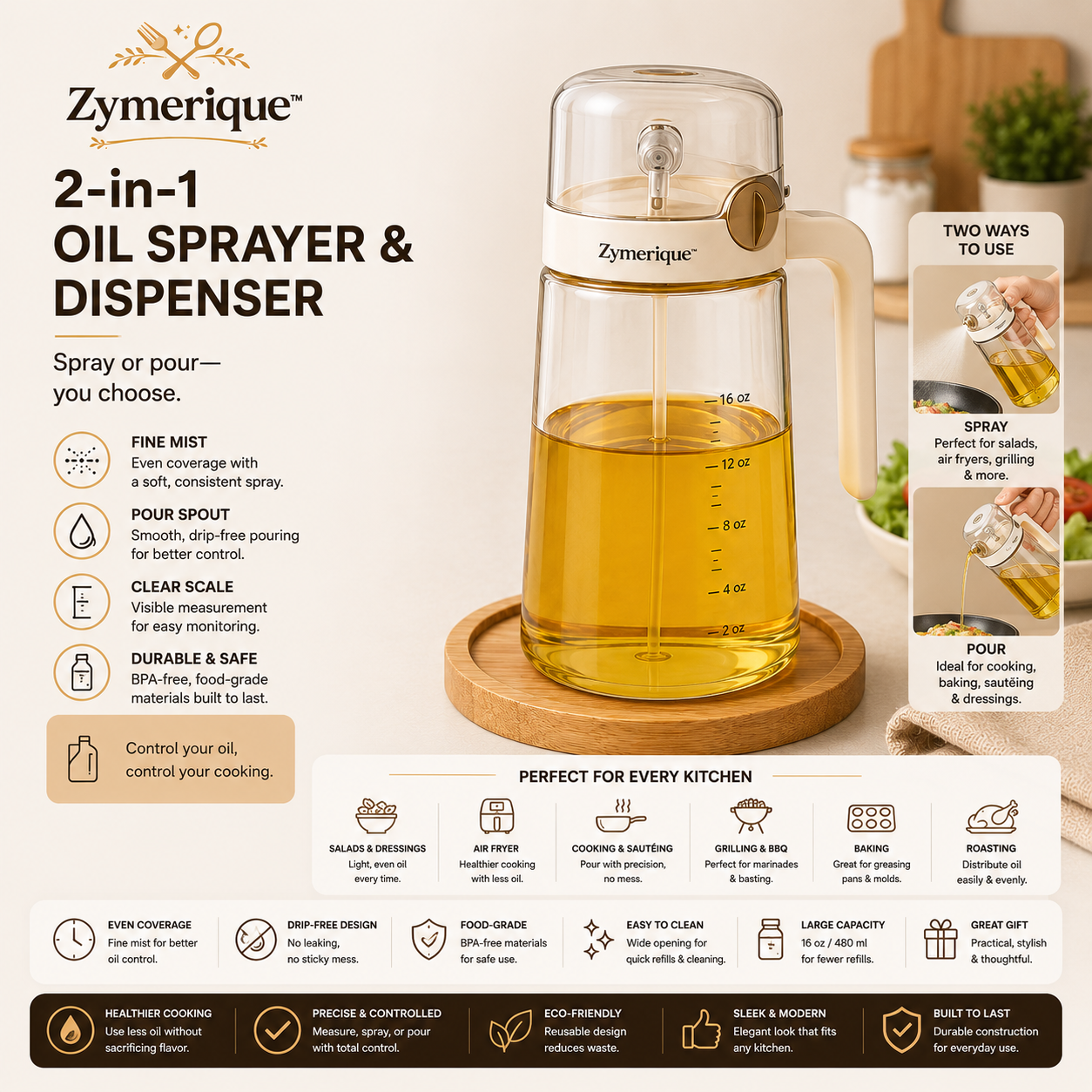 Zymerique™ DualFlow 2-in-1 Oil Sprayer & Precision Pour Bottle