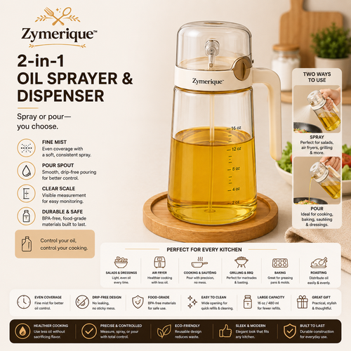 Zymerique™ DualFlow 2-in-1 Oil Sprayer & Precision Pour Bottle
