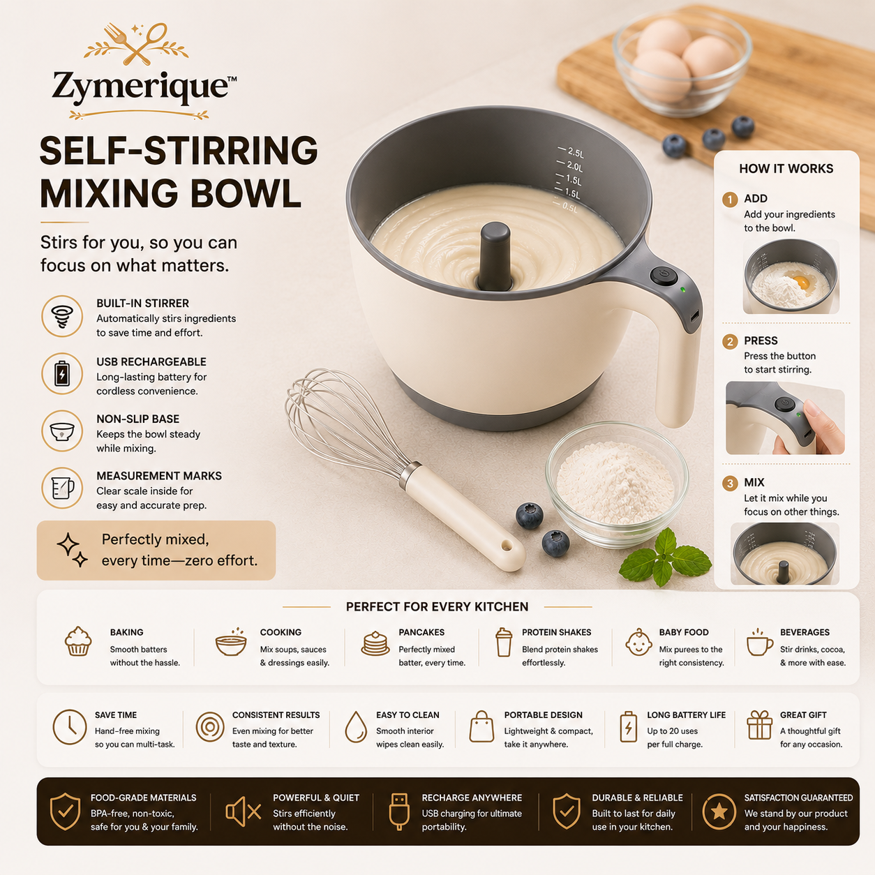 Zymerique™ AutoBlend Self-Stirring Mixing Bowl