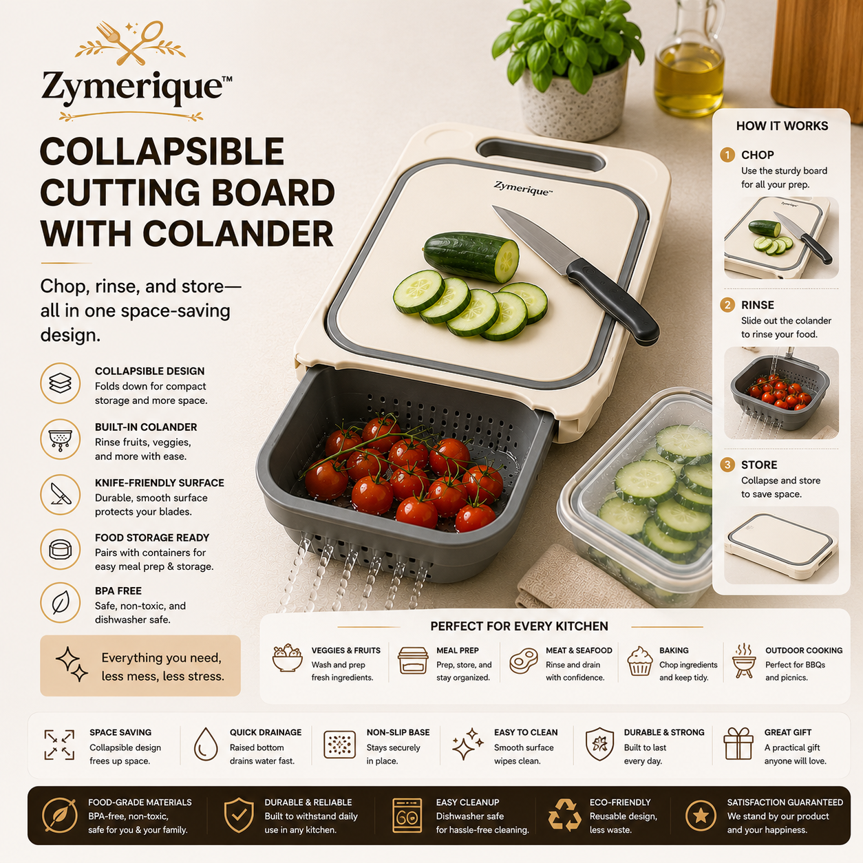 Zymerique™ FoldPrep Collapsible Cutting Board & Wash Station