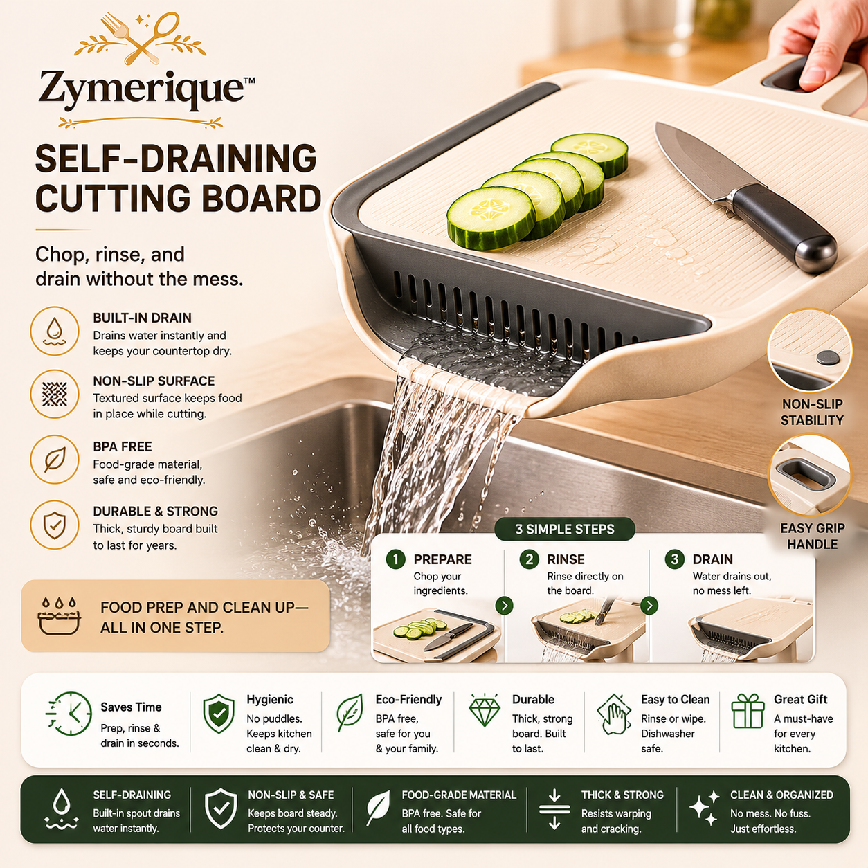 Zymerique™ FlowPrep Self-Draining Cutting Board